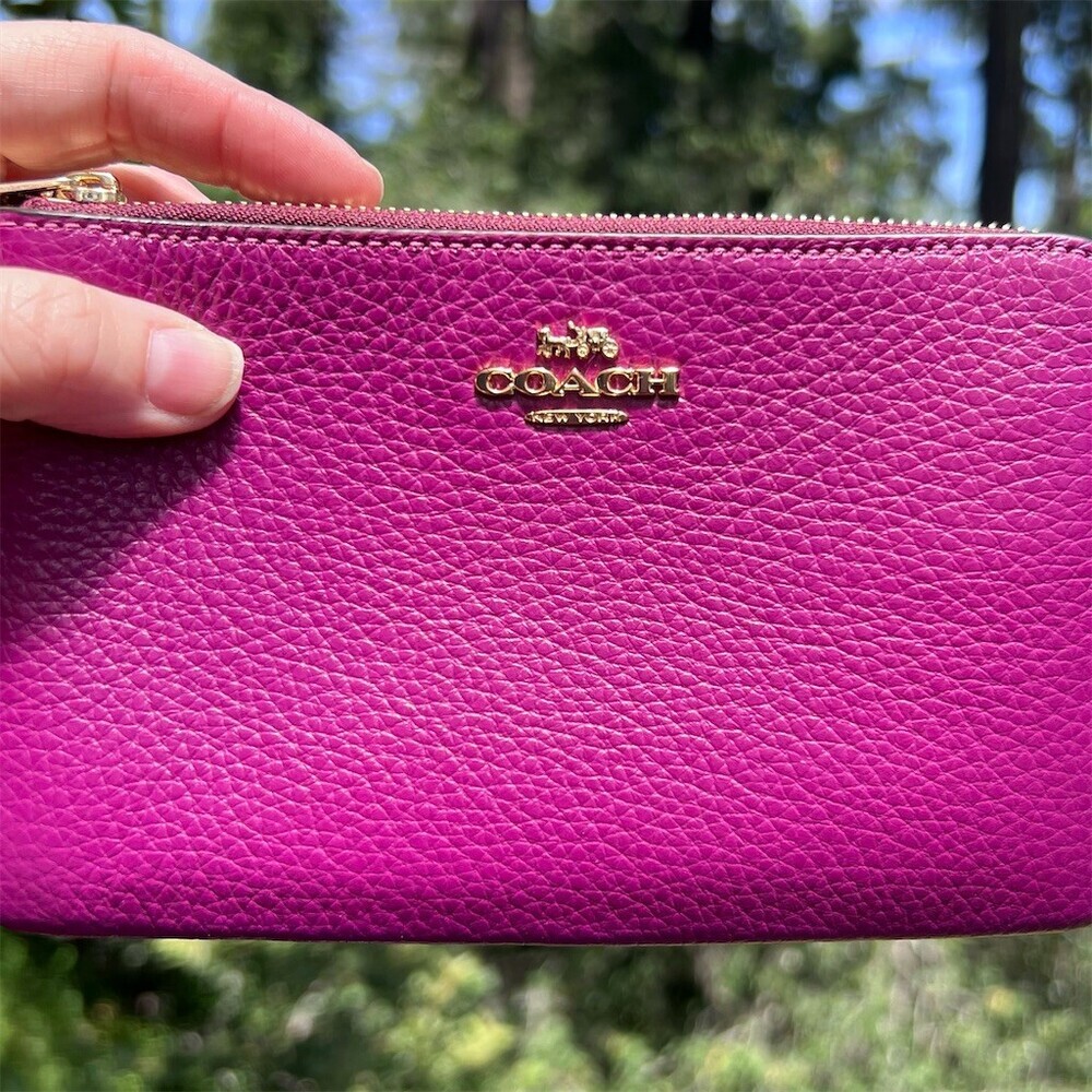 COACH Purple/Purple Pebbled Leather Wristlet Double Zip Wallet Gold Hardware - Picture 11 of 13